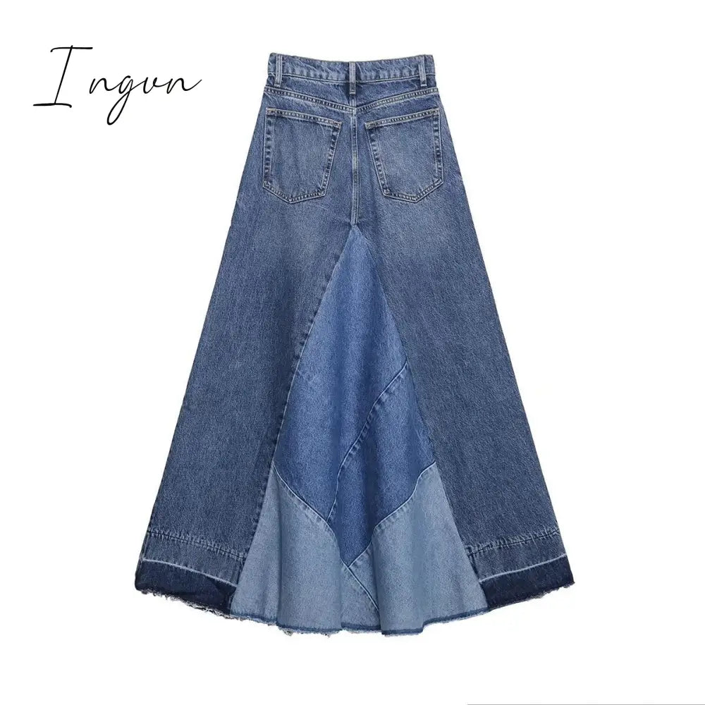 Ingvn - Women 2023 Fashion Denim Blue Skirts Highstreet Patchwork High Waist Midi A-Line Design