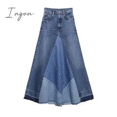 Ingvn - Women 2023 Fashion Denim Blue Skirts Highstreet Patchwork High Waist Midi A-Line Design