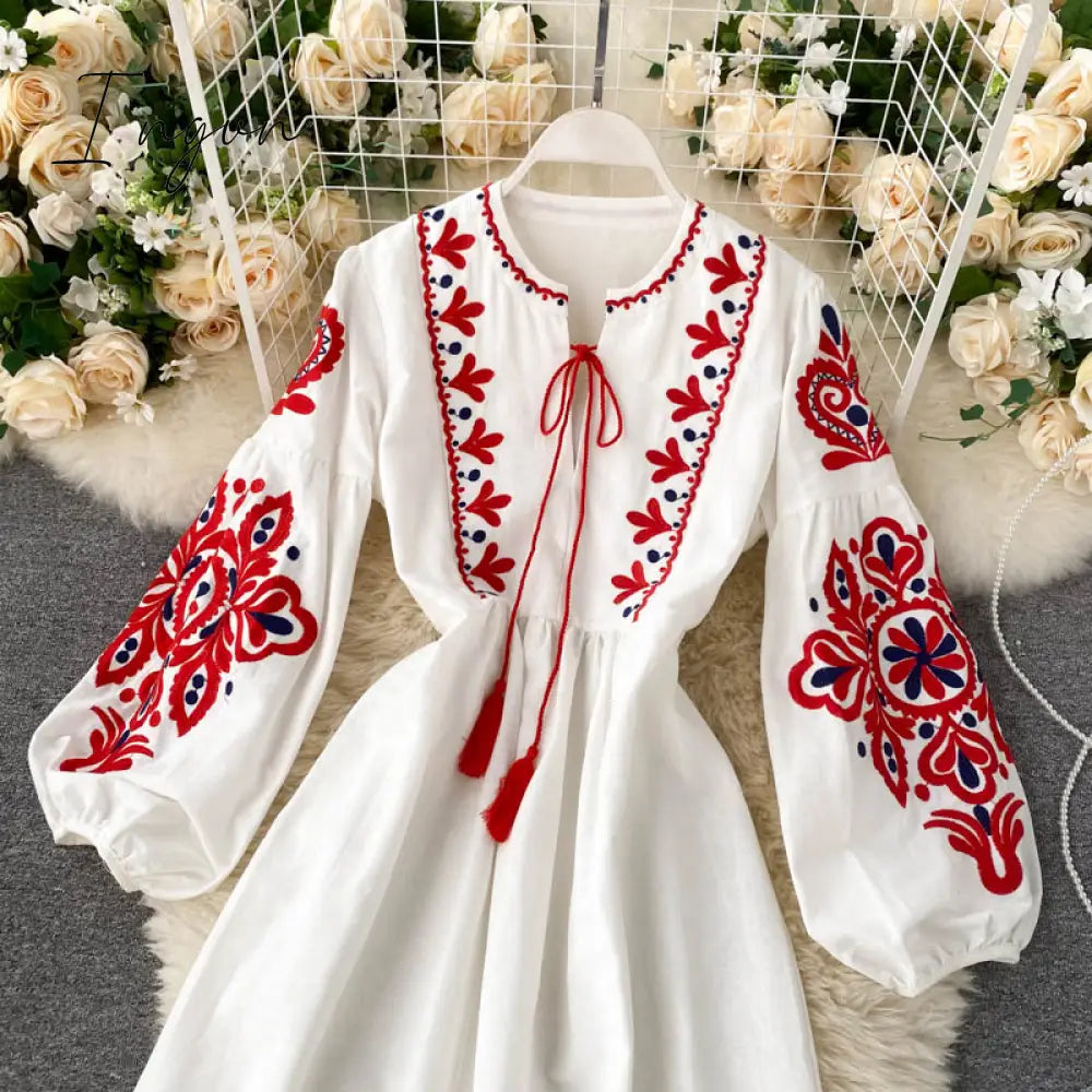 Ingvn - Women Autumn Dresses Bohemian Embroidered Flower O - Neck Lantern Sleeve High Waist Pleated