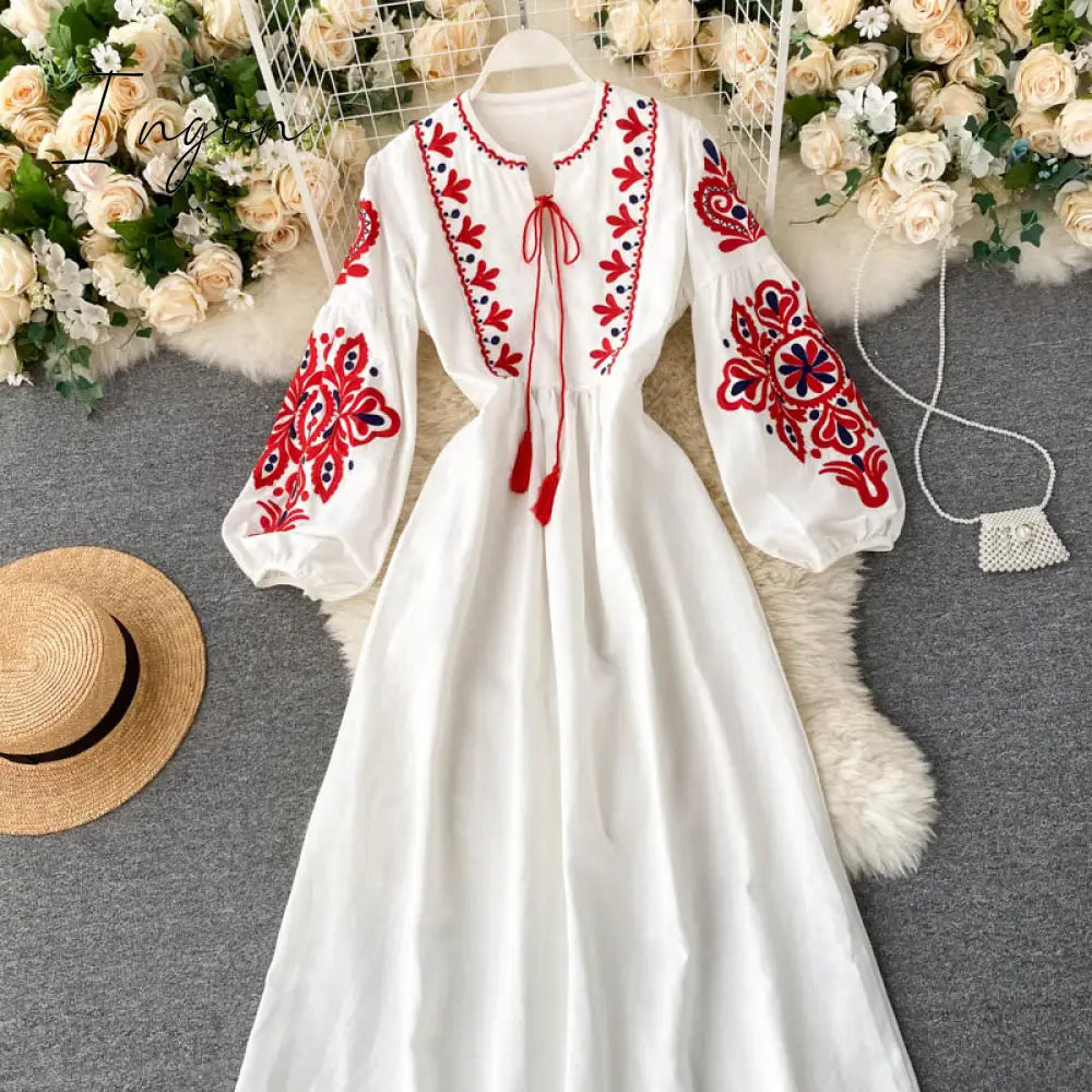 Ingvn - Women Autumn Dresses Bohemian Embroidered Flower O - Neck Lantern Sleeve High Waist Pleated