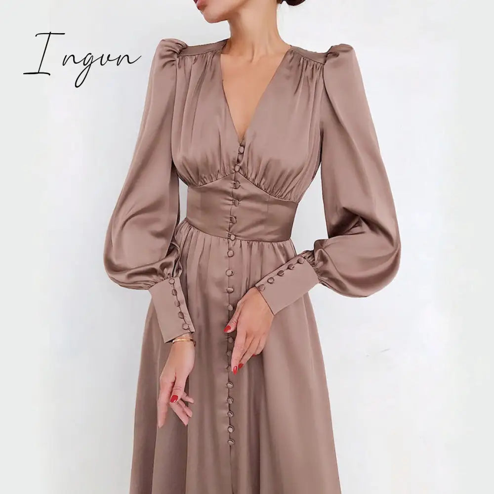 Ingvn - Women Autumn Puff Sleeve Elegant Dress Long V Neck Slim Waist Korean Fashion Vintage
