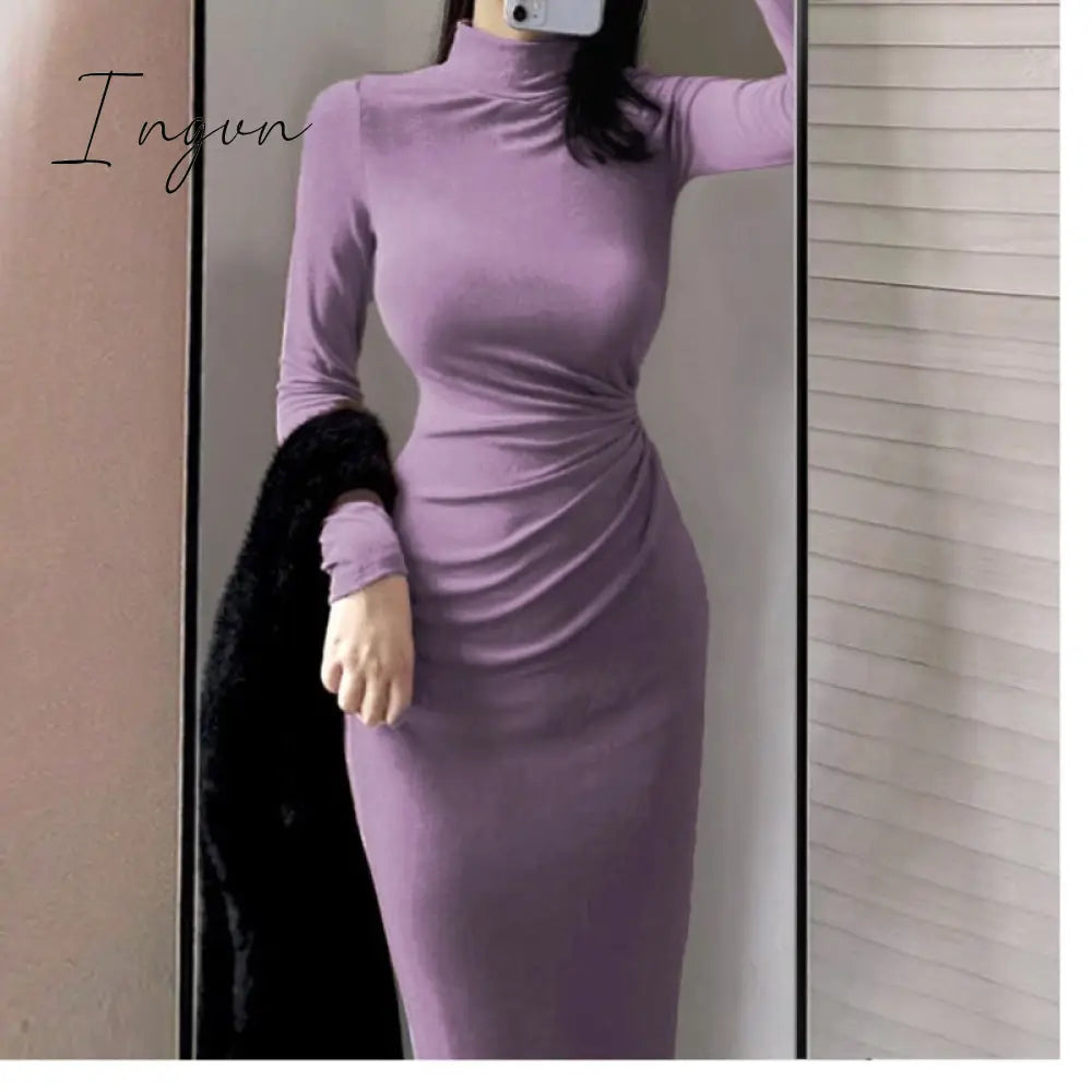 Ingvn - Women Autumn Turtleneck Dress Female Slim Elastic Oversized Basic Bodycon Sweater Ladies