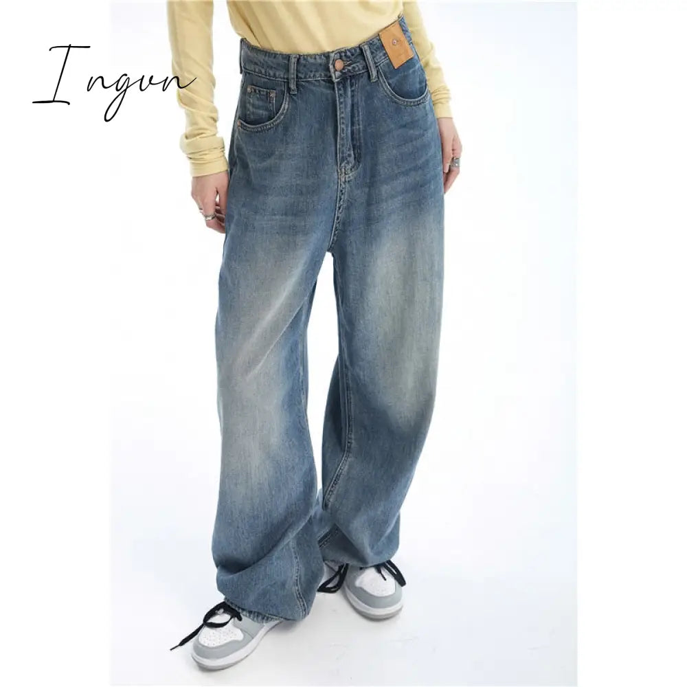 Ingvn - Women Blue Jeans Contrasting Colors High Waist American Street Wide Leg Pants Fashion Baggy