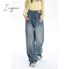 Ingvn - Women Blue Jeans Contrasting Colors High Waist American Street Wide Leg Pants Fashion Baggy