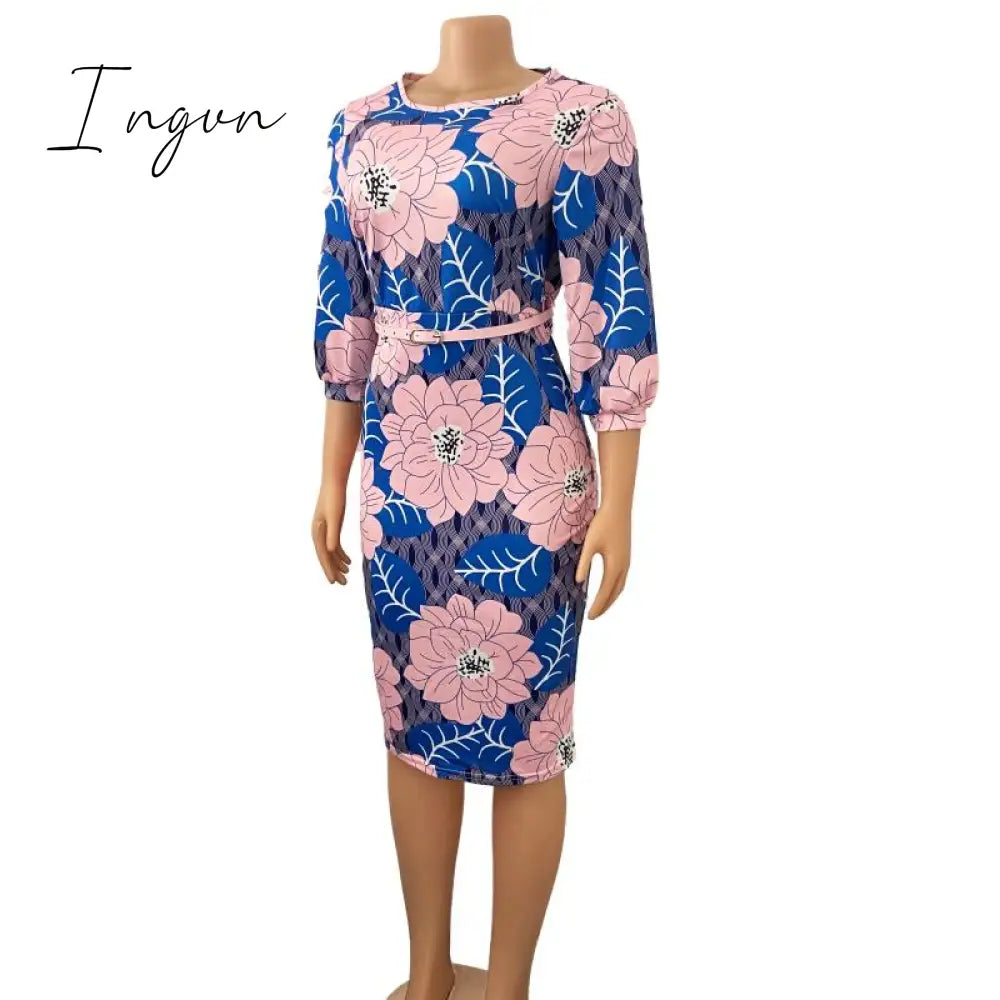 Ingvn - Women Bodycon Printed Dress Three Quarter Sleeves Midi Office Ladies Work Wear Elegant