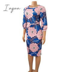 Ingvn - Women Bodycon Printed Dress Three Quarter Sleeves Midi Office Ladies Work Wear Elegant