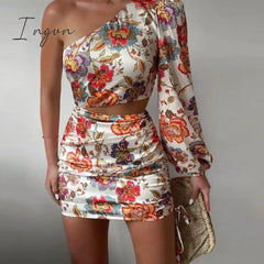Ingvn - Women Chic One Shoulder Long Puff Sleeves Crop Top Floral Print Party Bodycon Mini Skirt Set