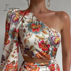 Ingvn - Women Chic One Shoulder Long Puff Sleeves Crop Top Floral Print Party Bodycon Mini Skirt Set