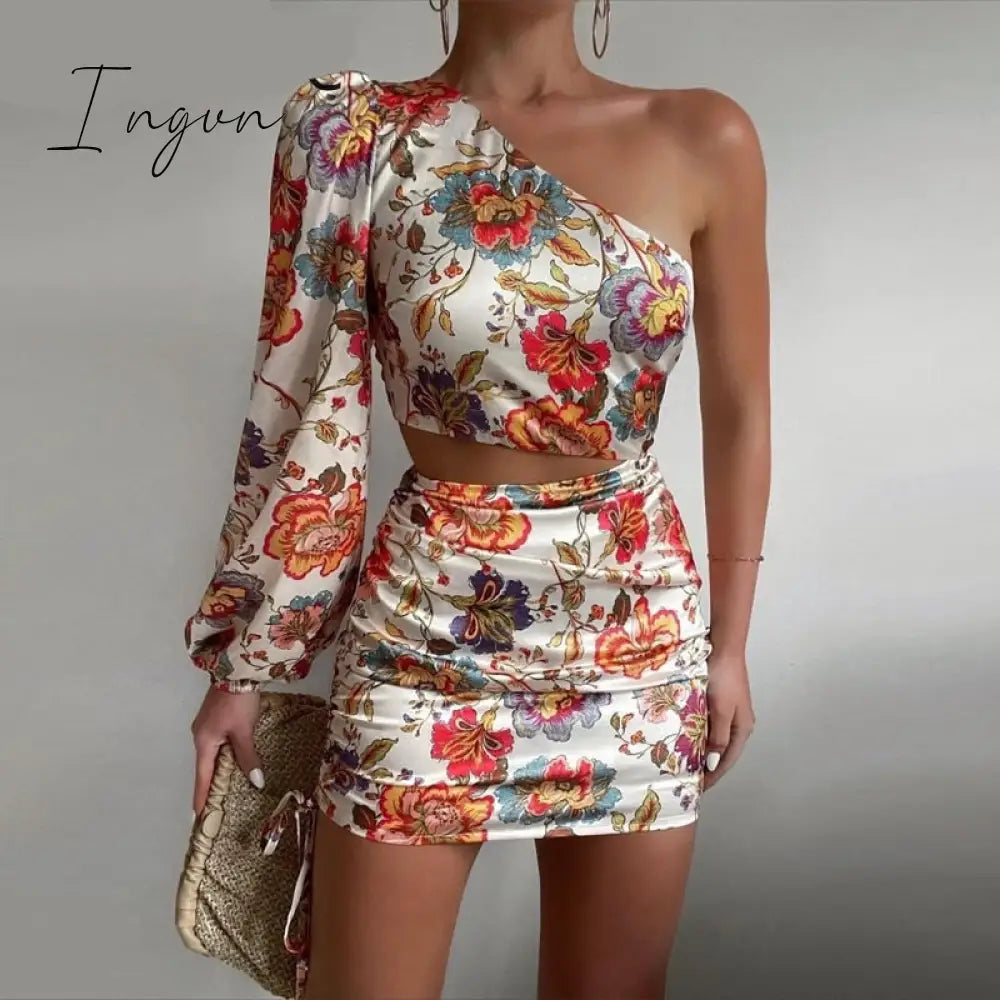 Ingvn - Women Chic One Shoulder Long Puff Sleeves Crop Top Floral Print Party Bodycon Mini Skirt
