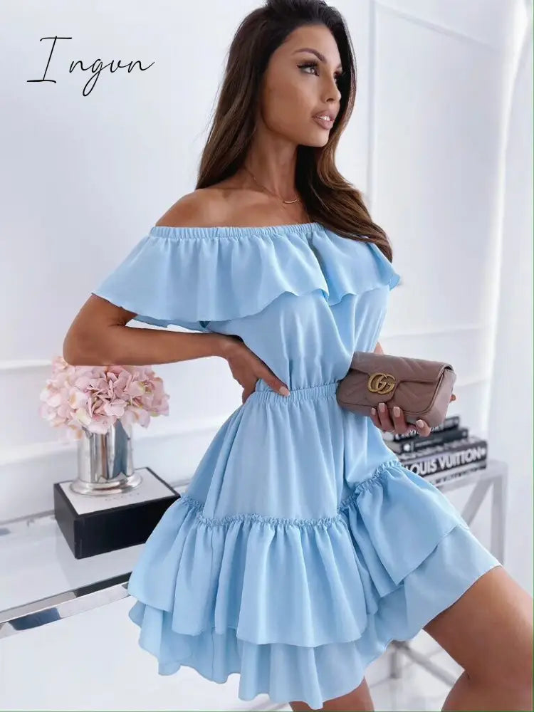 Ingvn - Women Clothes Slash Neck Cascading Ruffle Shirring Dresses Solid Color Midi Sweet Princess
