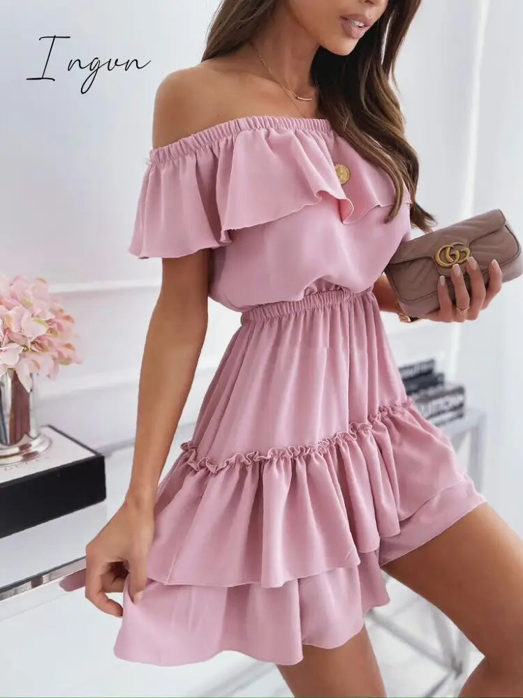 Ingvn - Women Clothes Slash Neck Cascading Ruffle Shirring Dresses Solid Color Midi Sweet Princess