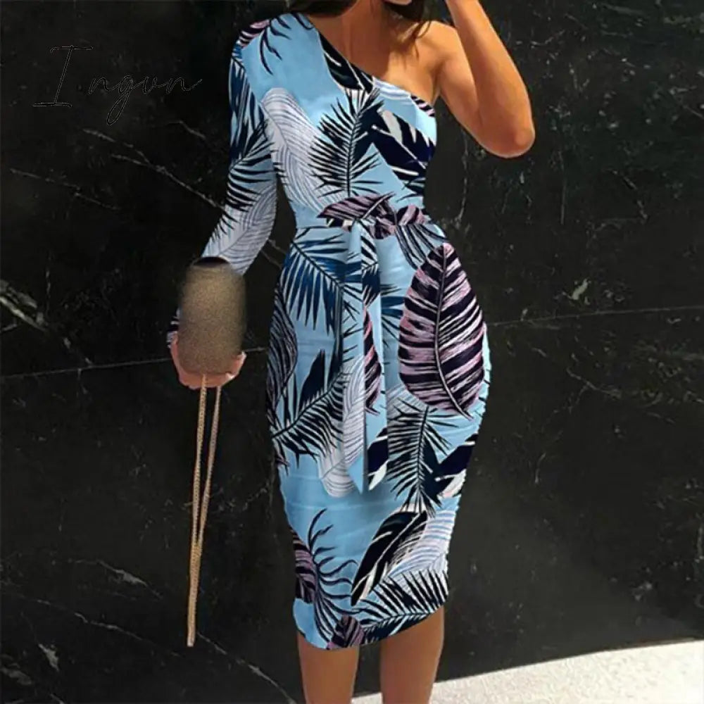 Ingvn - Women Clothing Asymmetric Collar High Waist Robe Slit Dress Chic Solid Short Sleeve Elegant