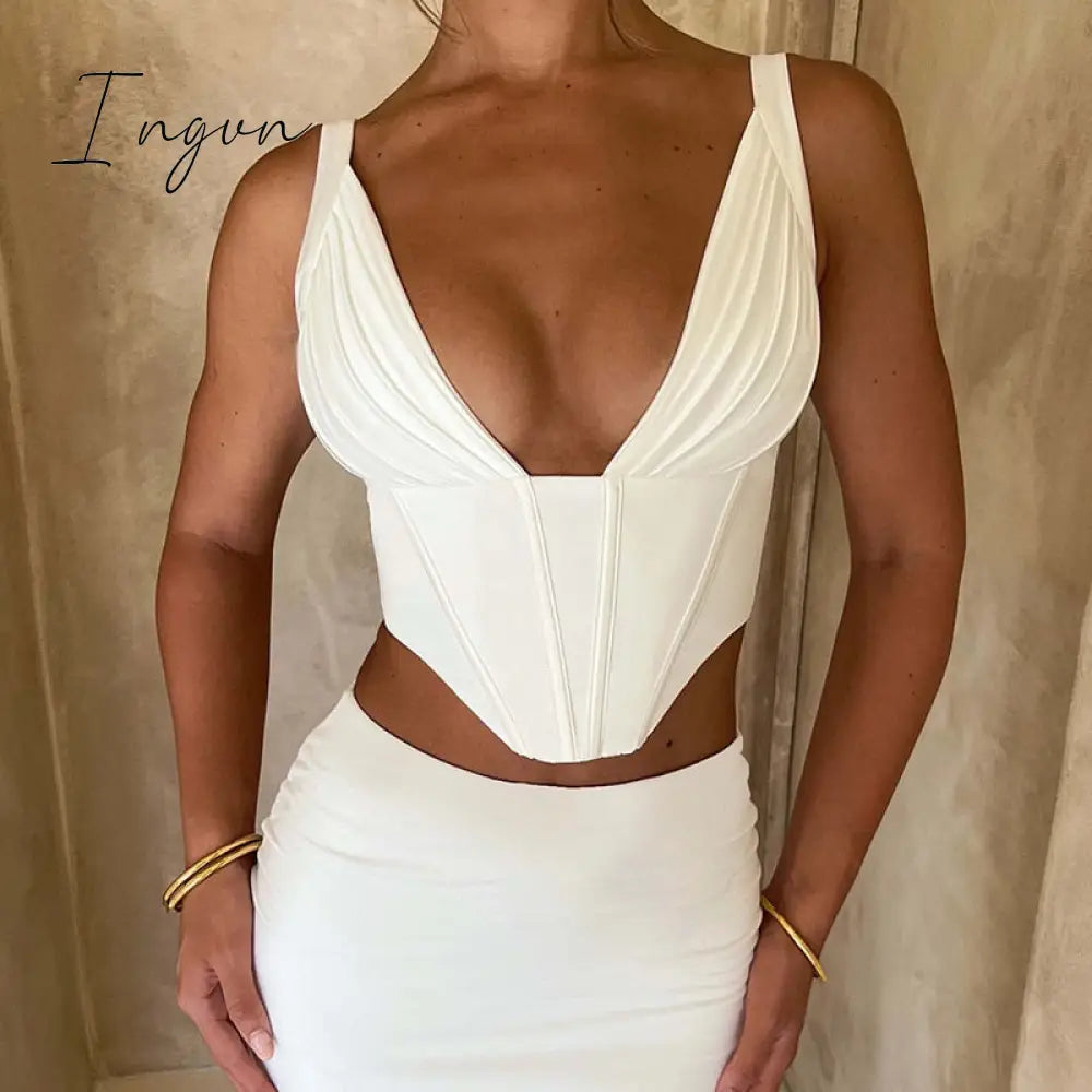 Ingvn - Women Club Camis Top Pleated Chest Fishbone Sleeveless Crop Tops Fashion Backless Corset