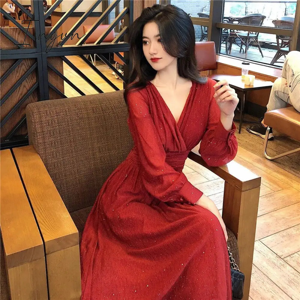 Ingvn - Women Dress Autumn V - Neck Long Sleeve Shiny Midi A - Line Evening Night Party Elegant Red