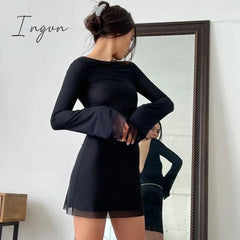 Ingvn - Women Elegant Black Mesh Mini Dress Streetwear Chic Sexy Backless Full Sleeve Dresses 90S