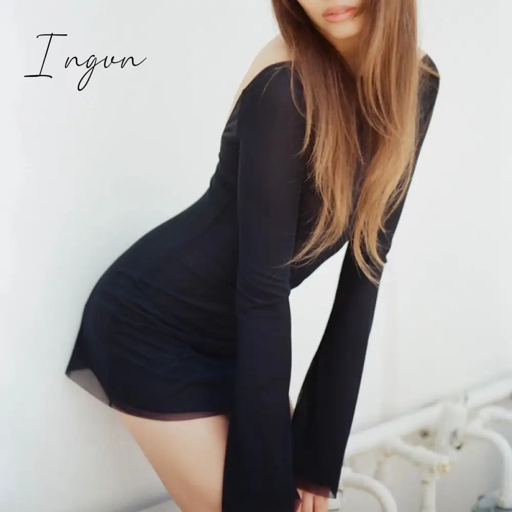 Ingvn - Women Elegant Black Mesh Mini Dress Streetwear Chic Sexy Backless Full Sleeve Dresses 90S