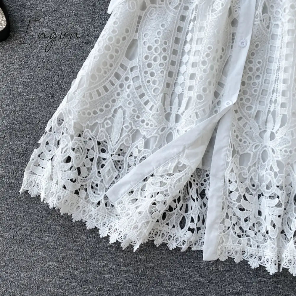 Ingvn - Women Elegant Hollow Out Lace Dress Office Lady Summer Solid O - Neck Button Up Sashes Midi