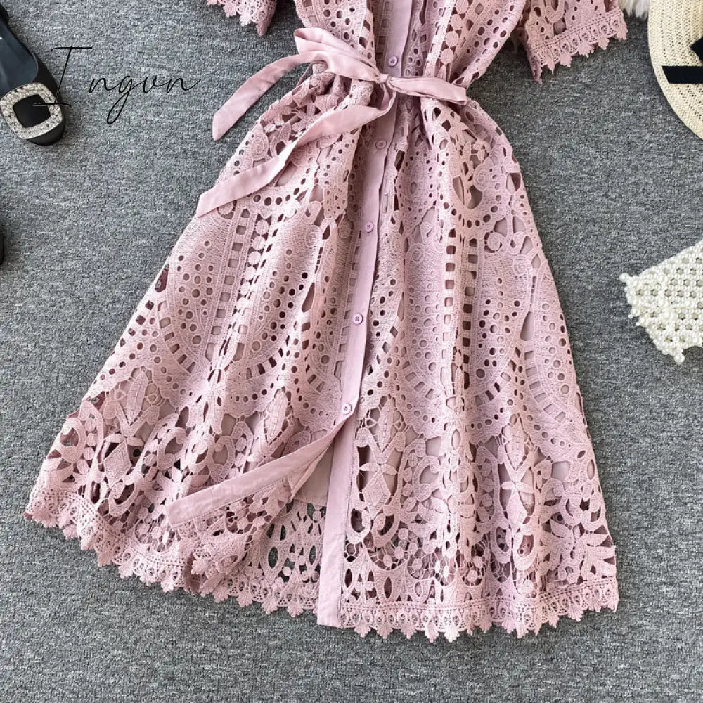 Ingvn - Women Elegant Hollow Out Lace Dress Office Lady Summer Solid O - Neck Button Up Sashes Midi