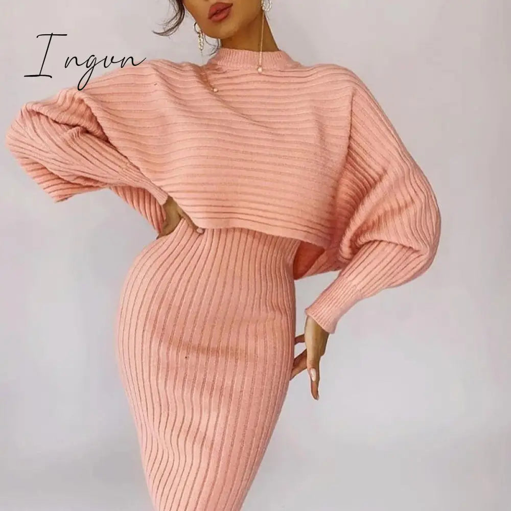 Ingvn - Women Elegant Slim Two Piece Sets Female Sweater Dress Autumn Winter High Waist Knitted