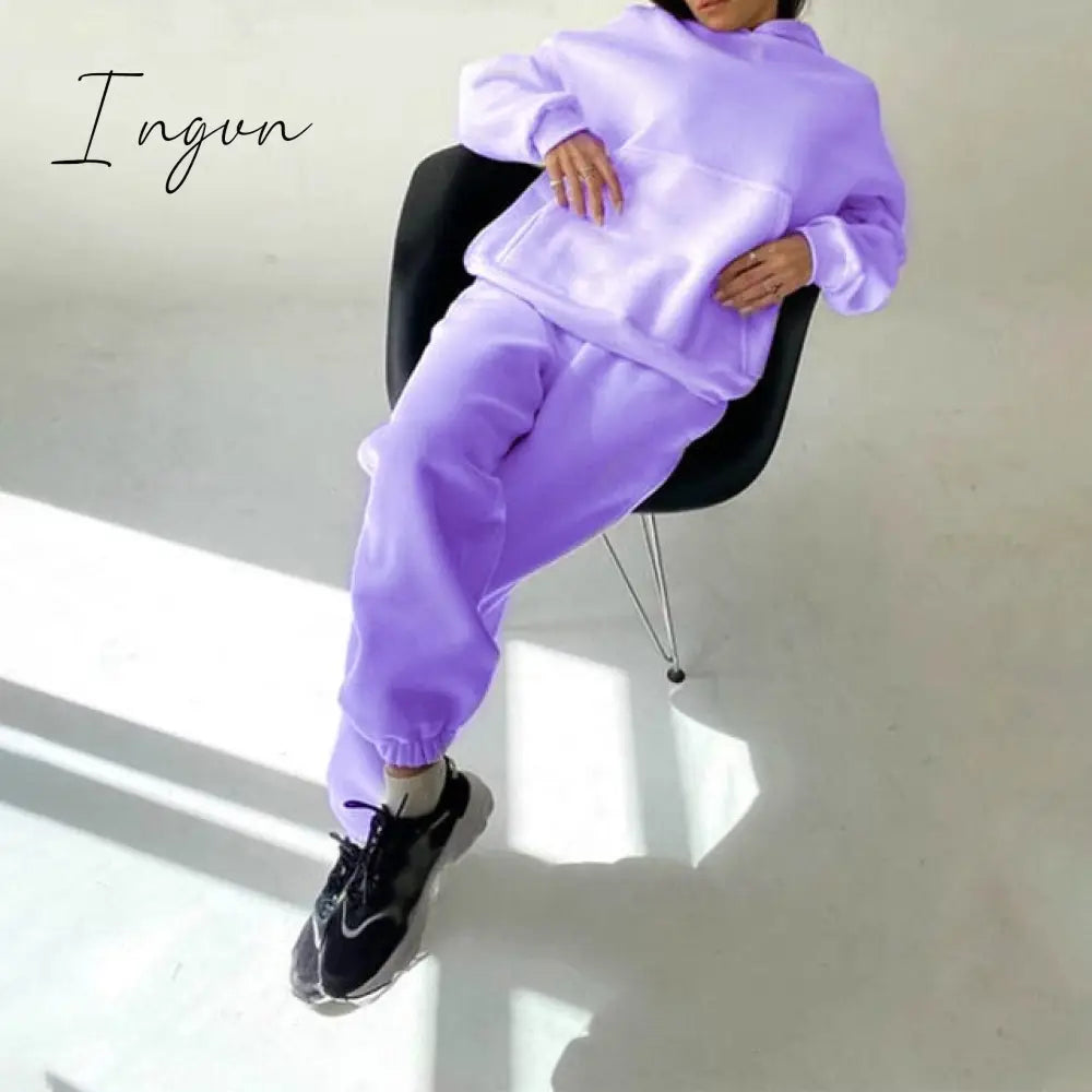 Ingvn - Women Elegant Solid Sets For Warm Hoodie Sweatshirts And Long Pant Fashion Two Piece Ladies