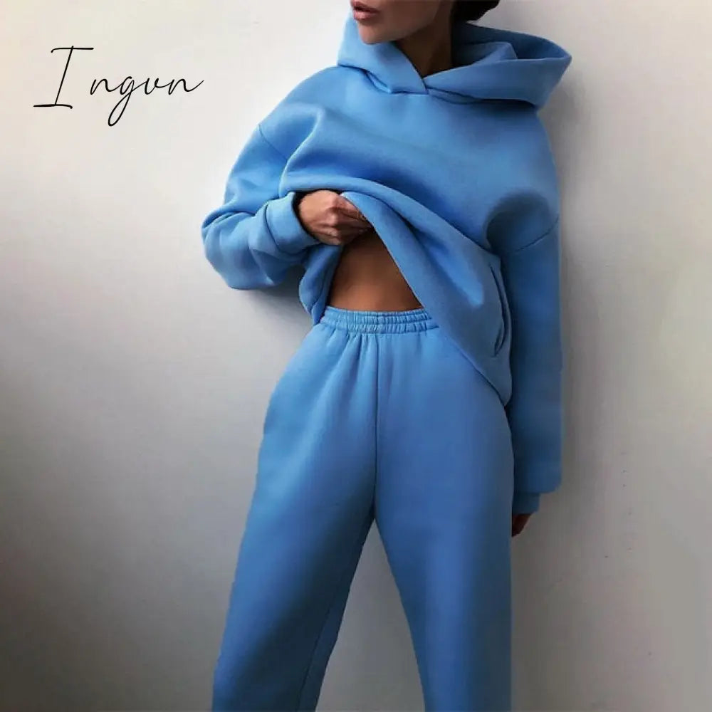Ingvn - Women Elegant Solid Sets For Warm Hoodie Sweatshirts And Long Pant Fashion Two Piece Ladies