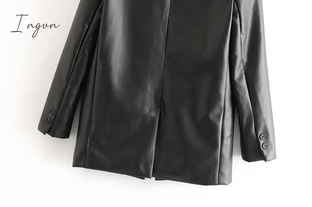 Ingvn - Women Fashion Faux Leather Pockets Loose Blazer Coat Vintage Long Sleeve Back Vents Female
