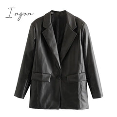 Ingvn - Women Fashion Faux Leather Pockets Loose Blazer Coat Vintage Long Sleeve Back Vents Female