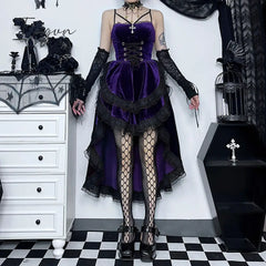 Ingvn - Women Fashion Gothic Vintage Velvet Croset Dress Aesthetic Punk Hight Waist Lace Trim Mesh
