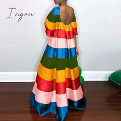 Ingvn - Women Fashion O Neck Backless Maxi Party Dress Rainbow Striped Casual Long Summer Female