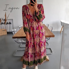 Ingvn - Women Fashion Pattern Printed Dress Autumn Office Casual Long Sleeve Pleated Lady Vintage