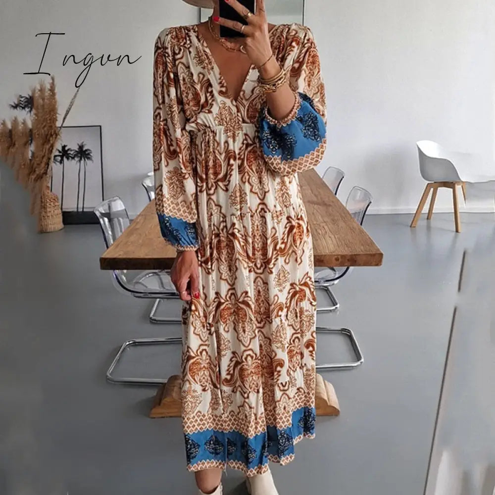 Ingvn - Women Fashion Pattern Printed Dress Autumn Office Casual Long Sleeve Pleated Lady Vintage