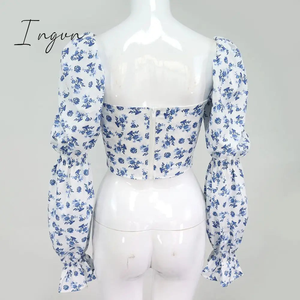 Ingvn - Women Fashion Puff Sleeve Lace Up High Split Dress Vintage Ladies Cottagecore Tallulah Blue