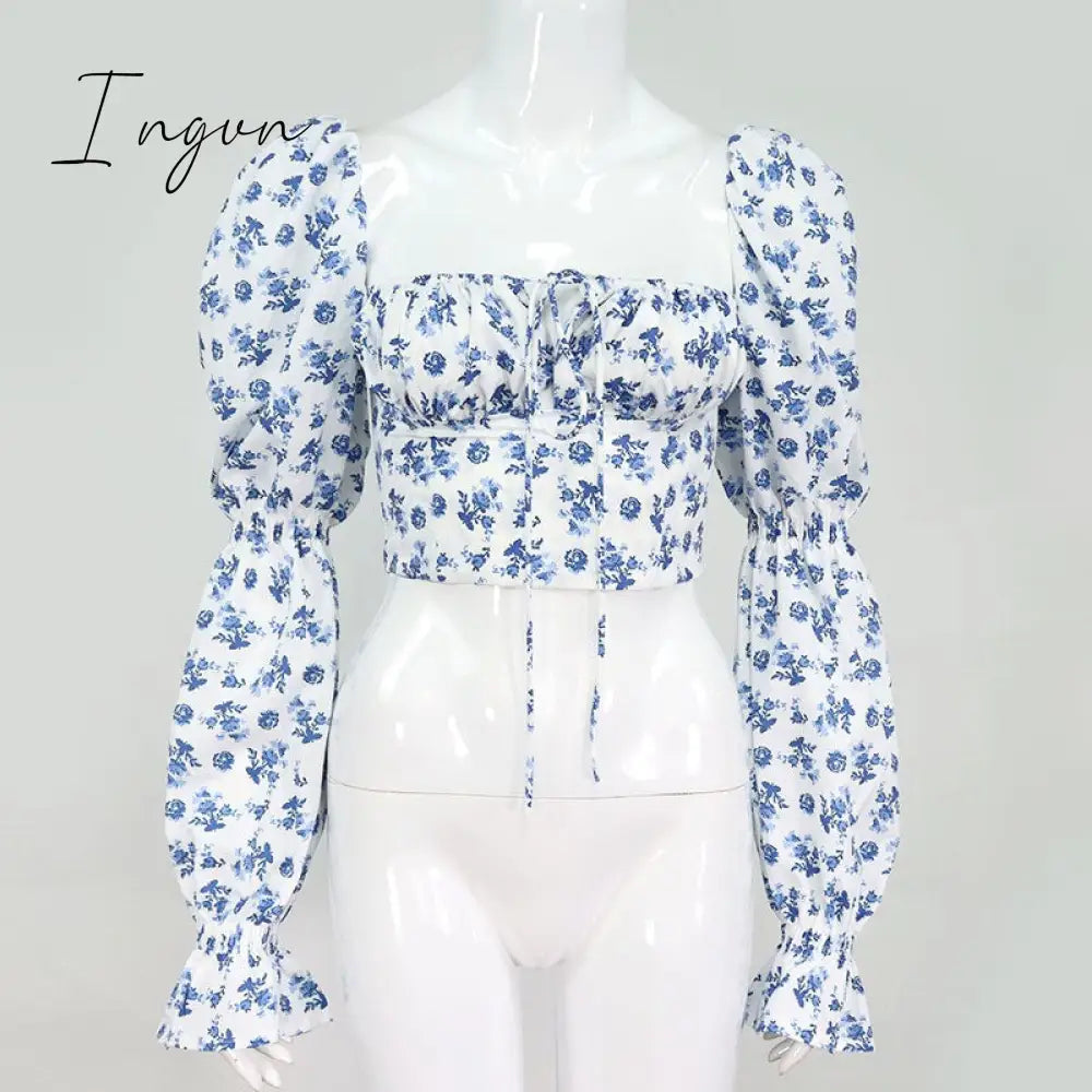 Ingvn - Women Fashion Puff Sleeve Lace Up High Split Dress Vintage Ladies Cottagecore Tallulah Blue