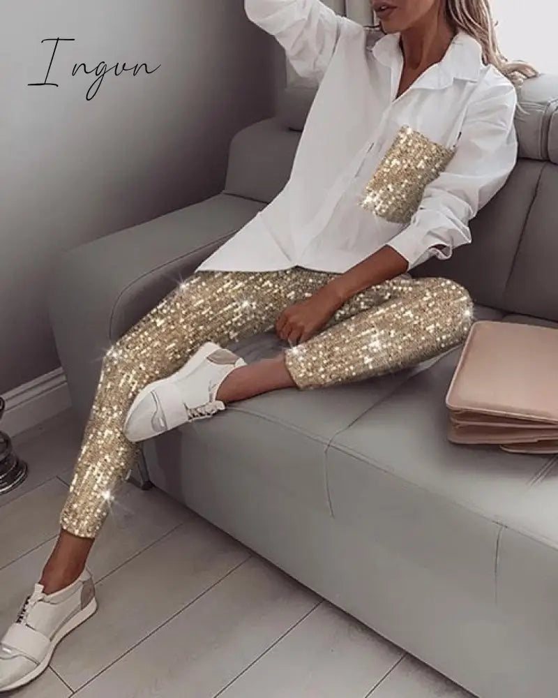 Ingvn - Women Fashion Sequin Two Piece Set Long Sleeve Womens Tops And Blouses Femme Outfits