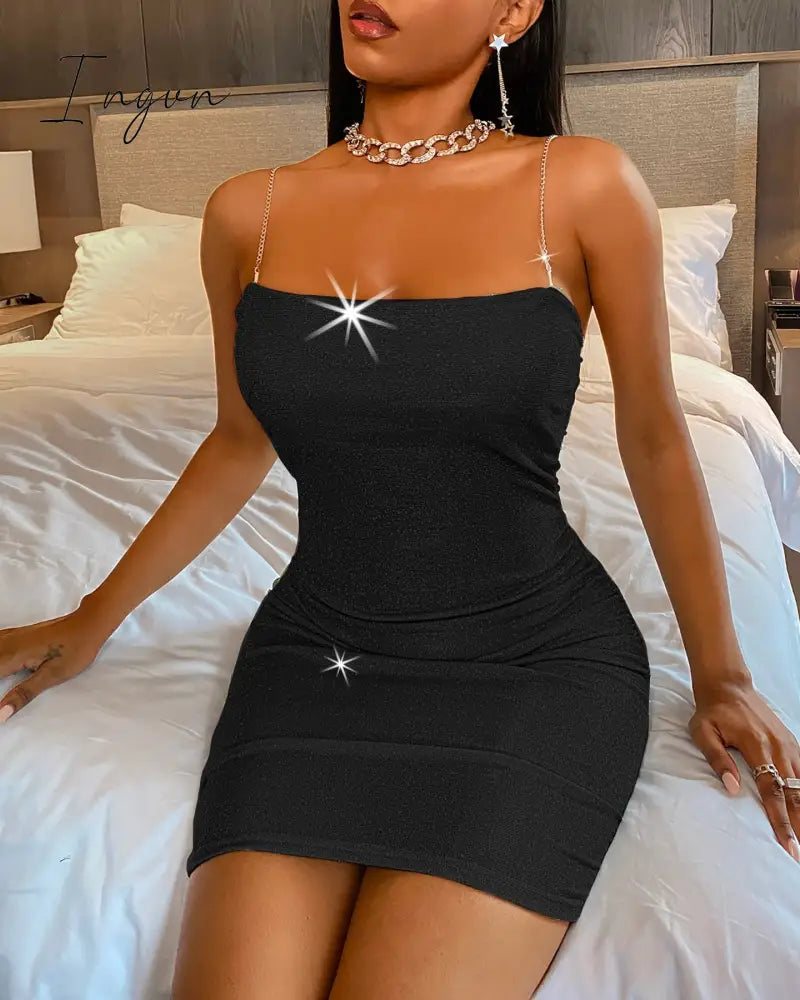 Ingvn - Women Fashion Spaghetti Strap Mini Dress Slip Sexy Slim Fit Bodycon Party Sequins Short
