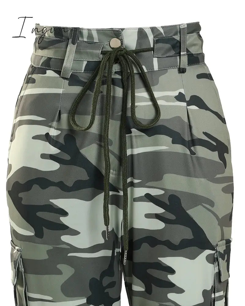 Ingvn - Women Fashion Spring Summer Camouflage Print Drawstring Pocket Design Cargo Pants Casual