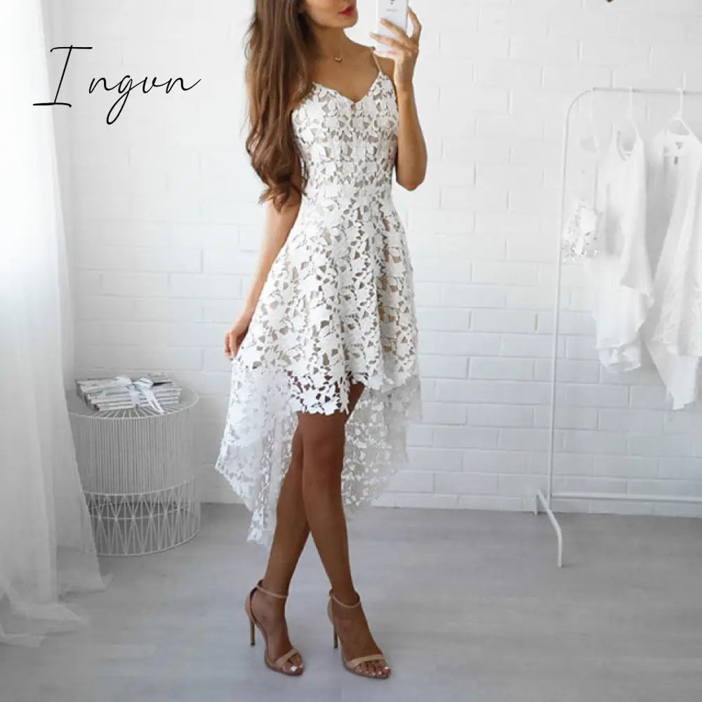 Ingvn - Women Fashion Trends Off Shoulder Lace Patchwork Elegant Dress Summer V Neck Spaghetti