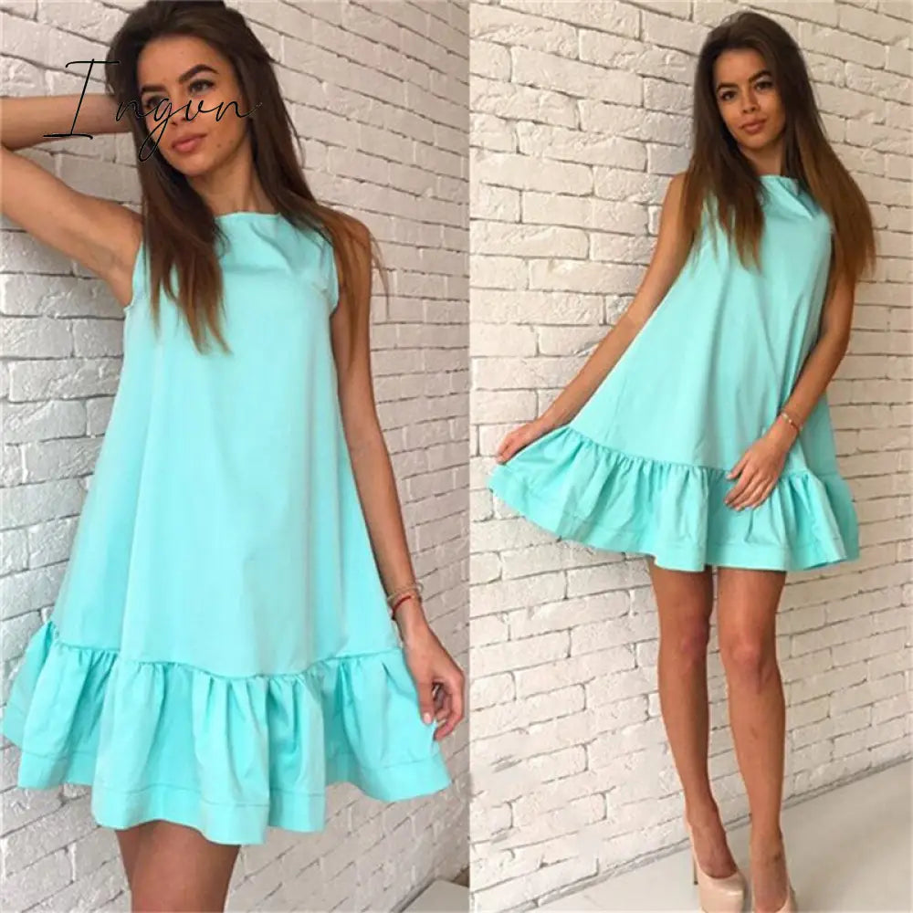 Ingvn - Women Female Short Sleeve Loose Mini A - Line Dresses Summer Beach Casual Dress Candy Color
