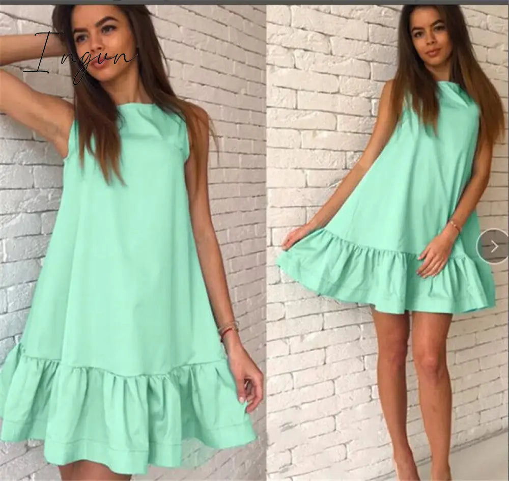 Ingvn - Women Female Short Sleeve Loose Mini A - Line Dresses Summer Beach Casual Dress Candy Color