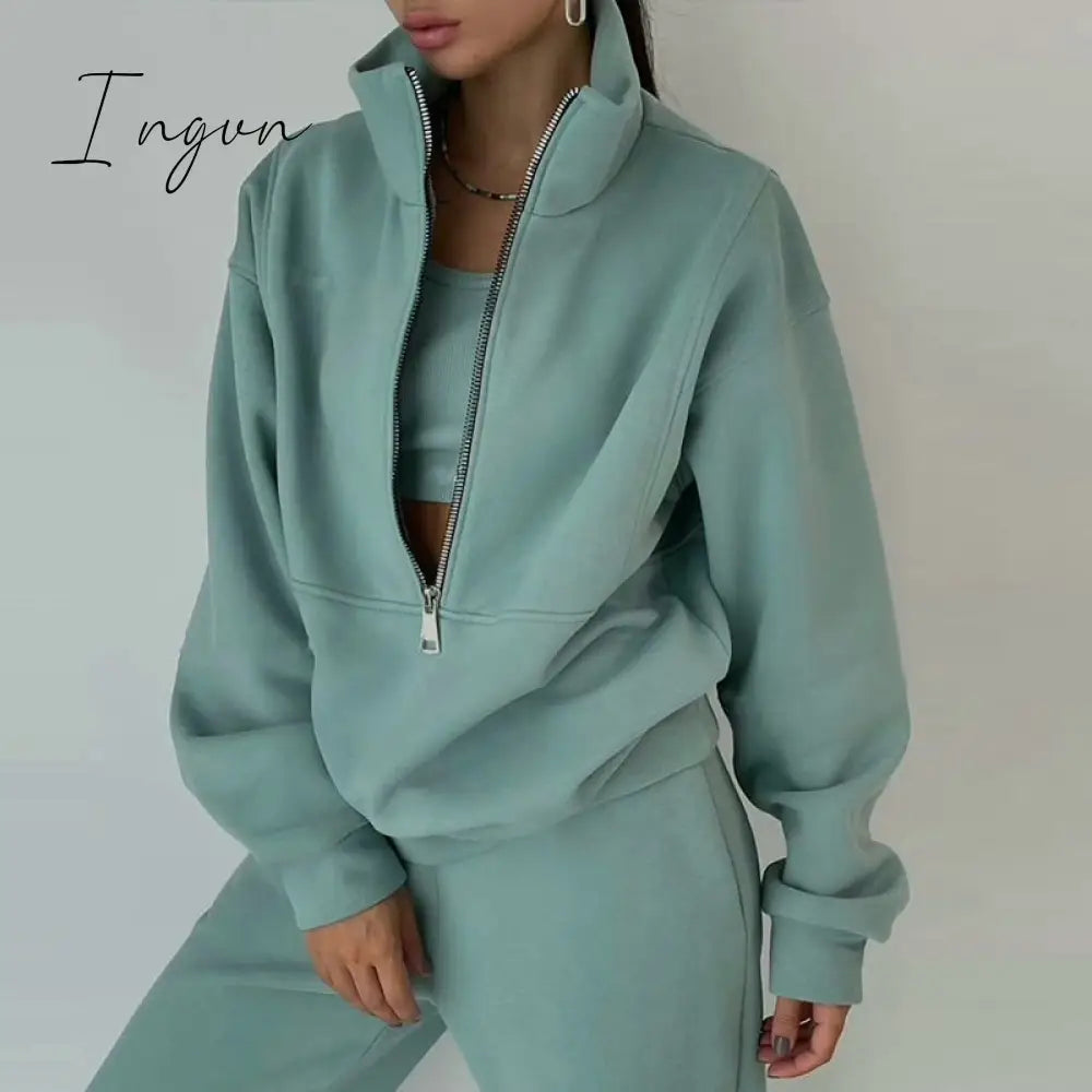 Ingvn - Women Fleece Two Piece Set Spring Winter Sports Warm Suit Casual Oversized Polo Zipper