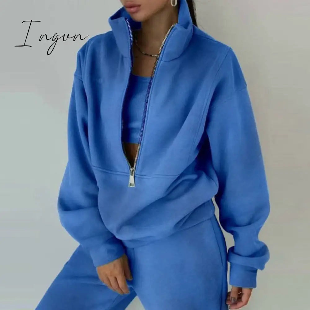 Ingvn - Women Fleece Two Piece Set Spring Winter Sports Warm Suit Casual Oversized Polo Zipper