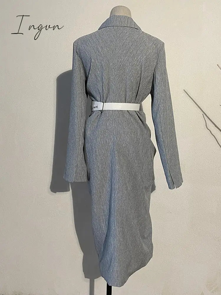 Ingvn - Women Gray Pleated Knot Long Elegant Dress New V-Collar Sleeve Loose Fit Fashion Tide
