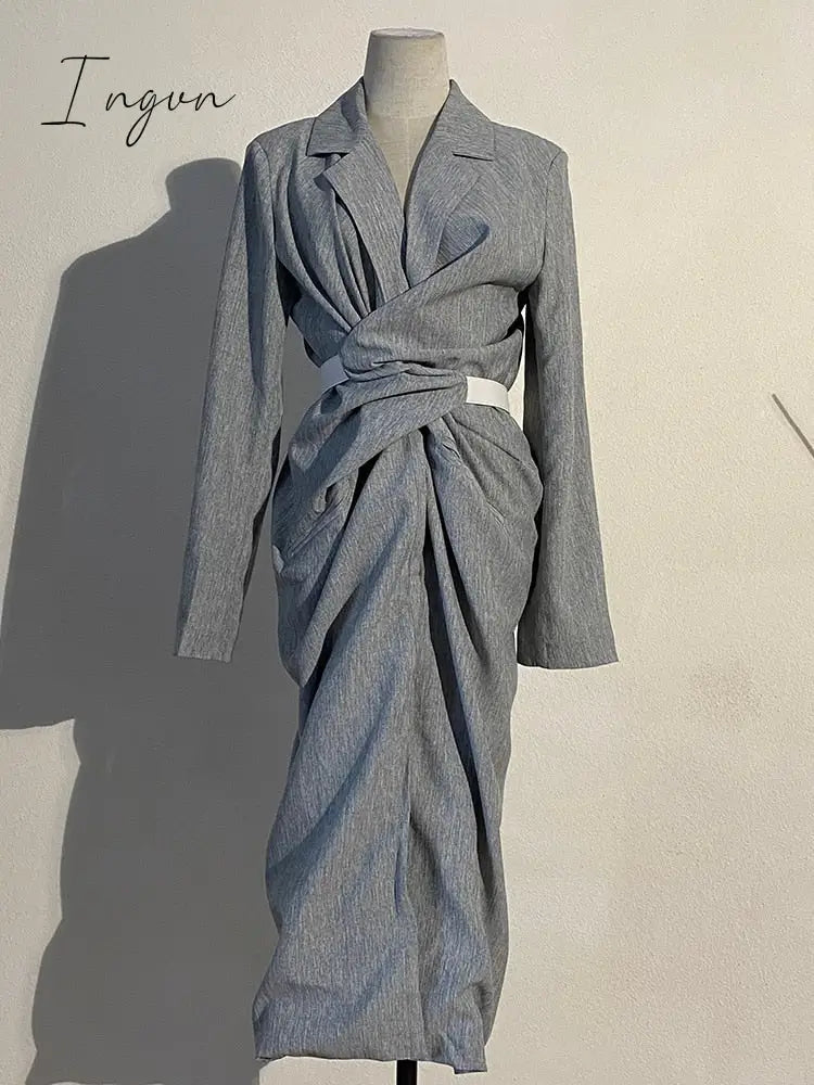 Ingvn - Women Gray Pleated Knot Long Elegant Dress New V-Collar Sleeve Loose Fit Fashion Tide