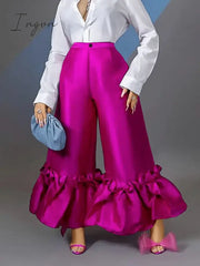 Ingvn - Women High Waist Flare Pants Wide Leg Big Size Shiny Fuchsia Bell Bottoms Trousers Dressy