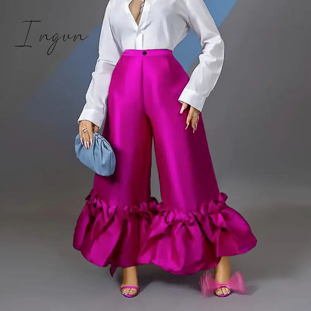 Ingvn - Women High Waist Flare Pants Wide Leg Big Size Shiny Fuchsia Bell Bottoms Trousers Dressy