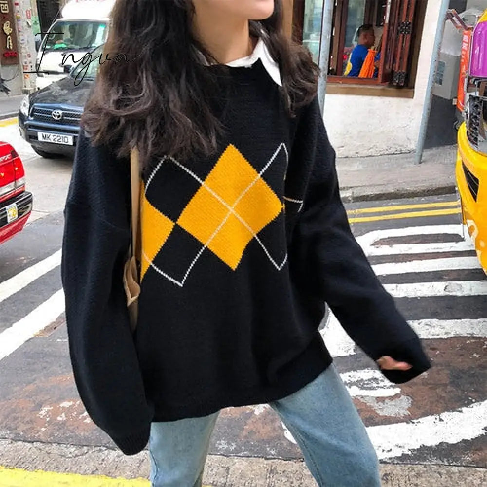 Ingvn - Women Knitted Sweater Fashion Oversized Pullovers Ladies Winter Loose Korean College Style