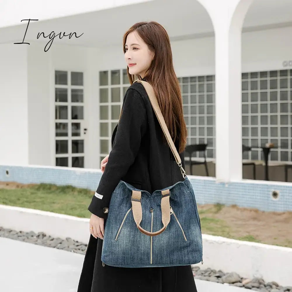 Ingvn - Women Large Capacity Tote Bag Quality Denim Handbag Luxury Ladies Shoulder Light Blue Bolso