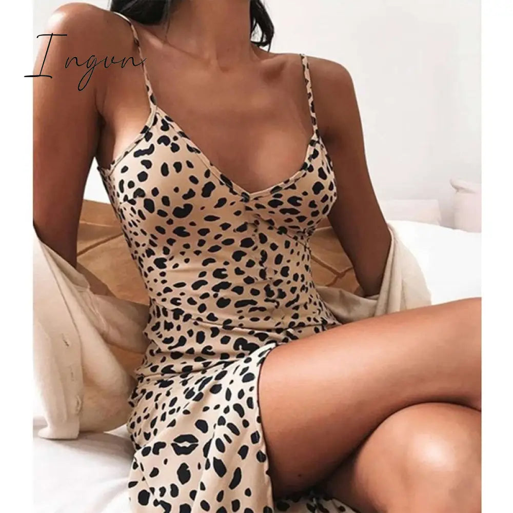 Ingvn - Women Leopard Dresses 2023 Summer Sexy Off Shoulder Bodycon Party Club Dress Long Sleeve