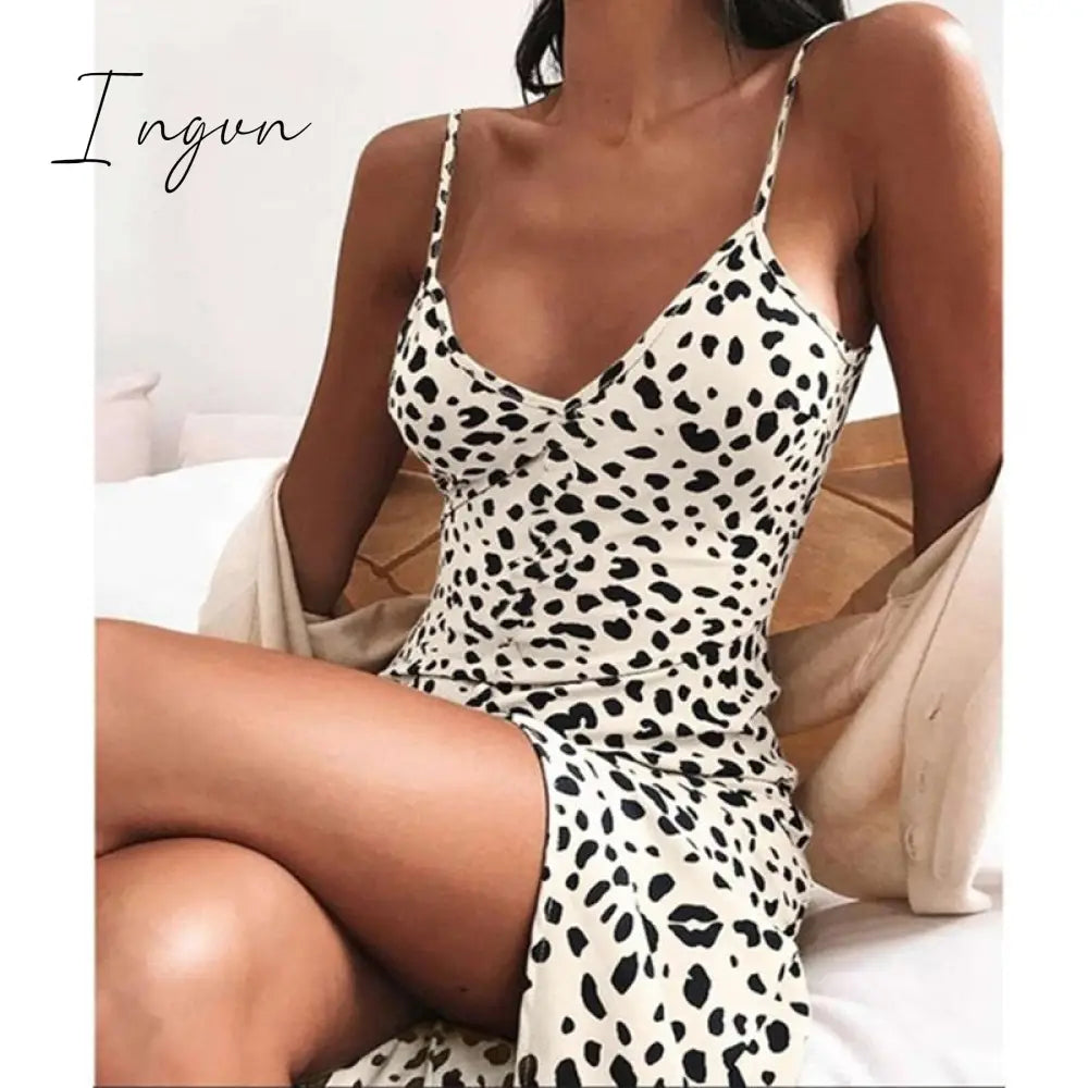 Ingvn - Women Leopard Dresses 2023 Summer Sexy Off Shoulder Bodycon Party Club Dress Long Sleeve