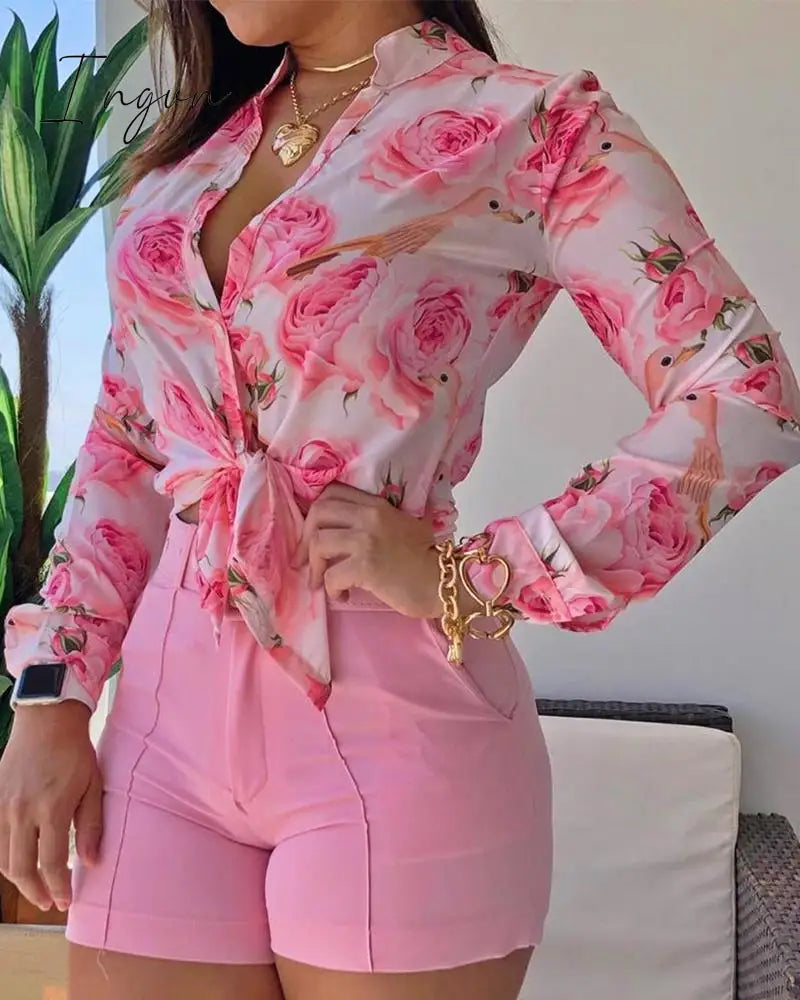 Ingvn - Women Long Sleeve Floral Printed Tie Knot Top Blouse Casual Spring Shirts Female